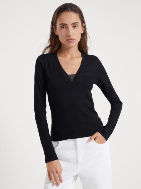 Stretch cotton ribbed jersey T-shirt with precious insert