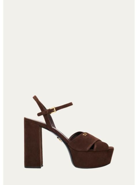 Prada 115mm Suede Crisscross Platform Sandals