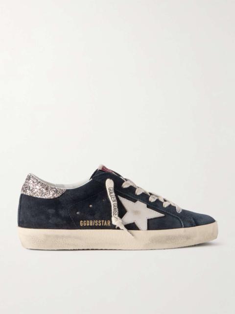 Super-Star distressed glittered leather-trimmed suede sneakers