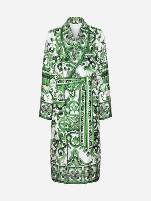 Silk twill robe with majolica print