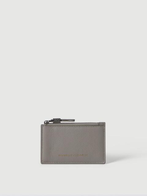 Brunello Cucinelli Grained calfskin card case with shiny zipper pull