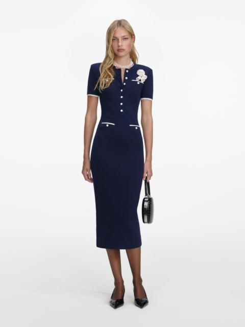 Navy Crochet Flower Knit Midi Dress