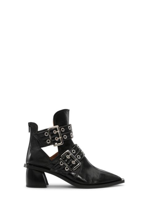 BLACK CHUNKY BUCKLE OPEN CUT BOOTS