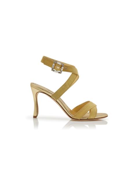 Manolo Blahnik Gold Grosgrain Ankle Strap Sandals