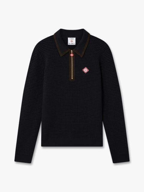 CASABLANCA Navy Wool Waffle Stitch Long Sleeve Polo Shirt
