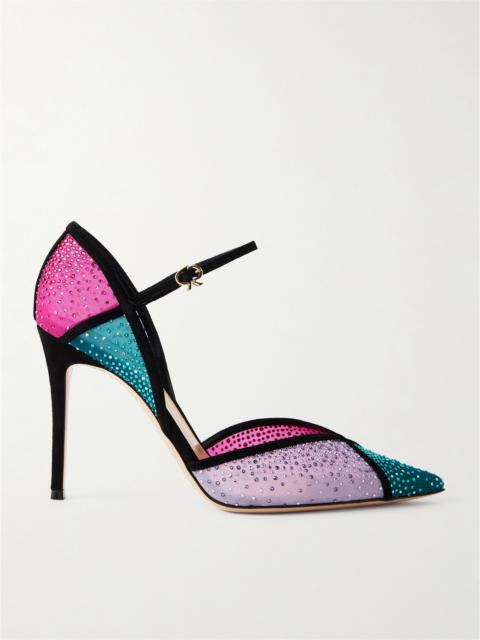 Gianvito Rossi 95 Suede-trimmed Crystal-embellished Mesh Pumps