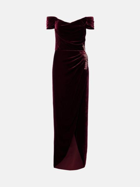 COSTARELLOS Embellished off-shoulder velvet gown