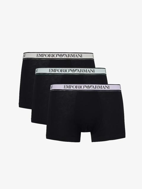 Branded-waistband pack of three stretch-cotton trunks