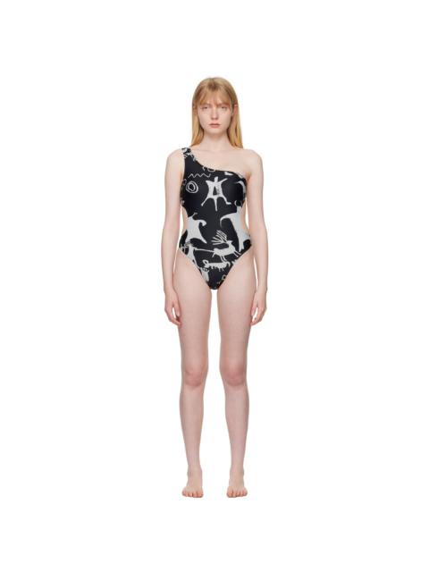 Black Graphic Cave Man One-Piece Swimsuit