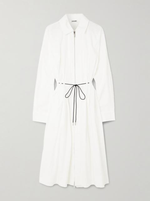 STAUD Chi Belted Pleated Cotton-blend Poplin Midi Dress
