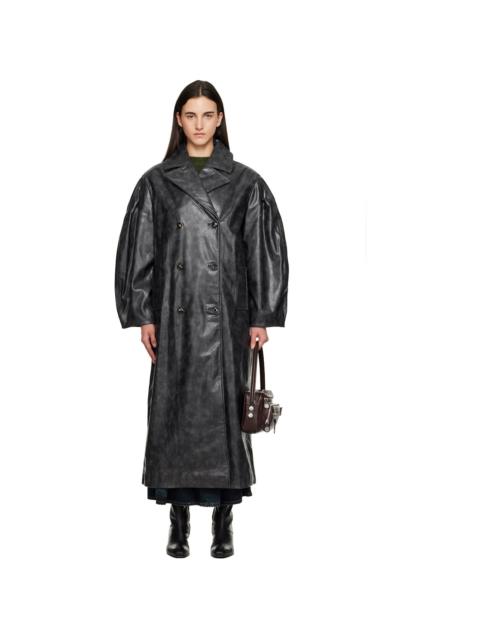 Black Distressed Leather Trench Coat