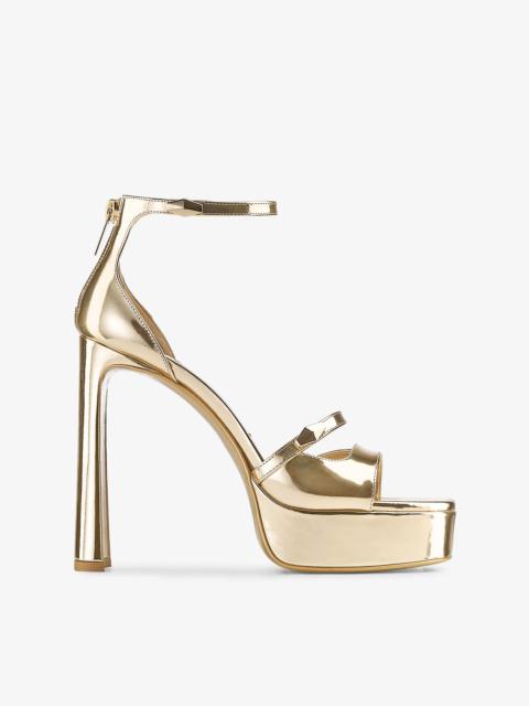 JIMMY CHOO Claressa Platform 125 Gold Liquid Metal Leather Platform Sandals