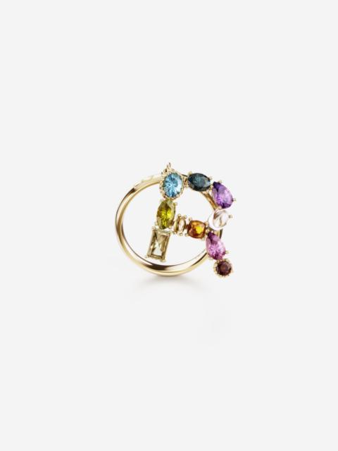 Rainbow alphabet R ring in yellow gold with multicolor fine gems