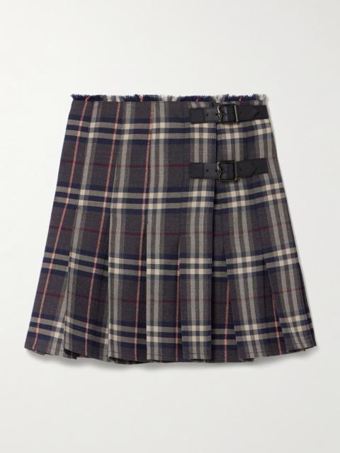 Burberry Leather-trimmed Pleated Checked Wool Mini Skirt