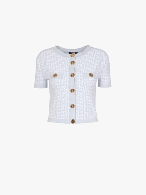 Balmain Cropped white and pale blue knit cardigan with Balmain monogram and gold-tone buttons