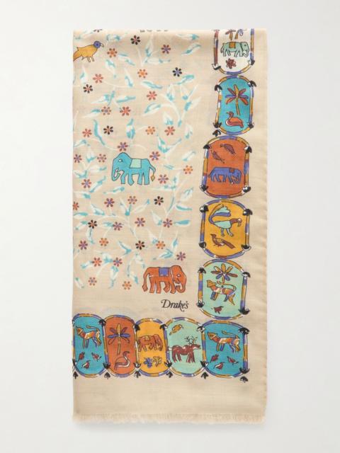 Drake's Frayed Printed Wool and Silk-Blend Scarf Beige