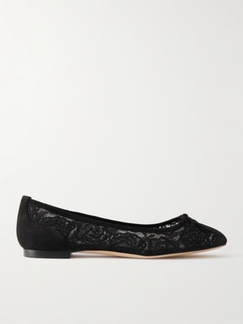 Manolo Blahnik Verizzo Bow-detailed Suede-trimmed Cotton-blend Lace Ballet Flats