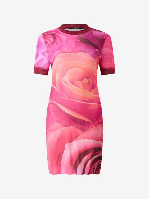 Roberto Cavalli Short Rose-Print Dress With Glittery Trims