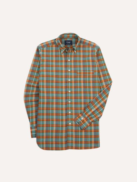 Drake's Orange and Blue Madras Check Cotton Button-Down Shirt