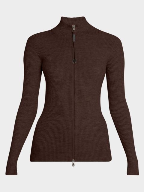 Ribbed Long-Sleeve Monili Zip-Up Top