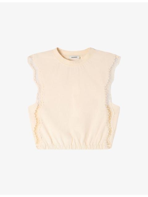 Sandro Cropped Lace-Embroidered Cotton T-Shirt