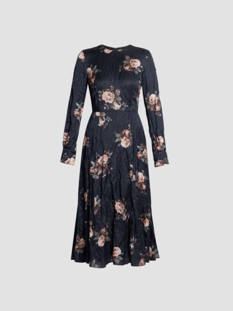 Erdem FLORAL CRUSHED SATIN LONG SLEEVE MIDI DRESS