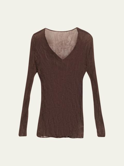 ISSEY MIYAKE Long-Sleeve Sheer Pleated V-Neck Shirt