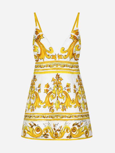 Short majolica-print brocade dress with straps