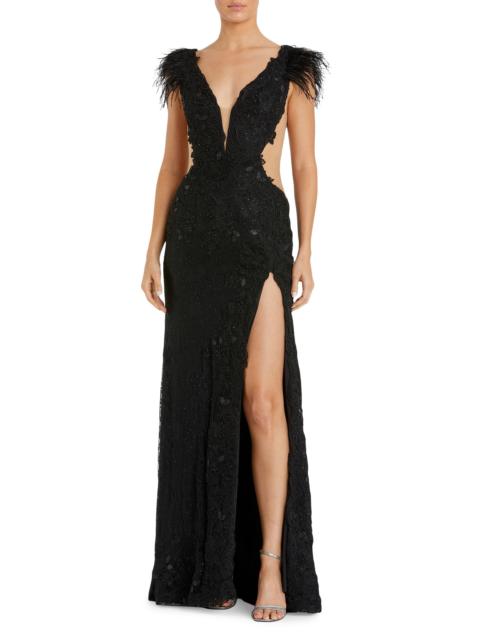 MAC DUGGAL Women's Feather-Trimmed Lace Wrap Gown - Black