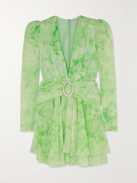 Alessandra Rich Gathered crystal-embellished printed silk-georgette mini dress