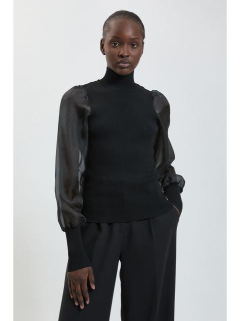 KAREN MILLEN Organza Sheer Sleeve High Neck Knitted Sweater