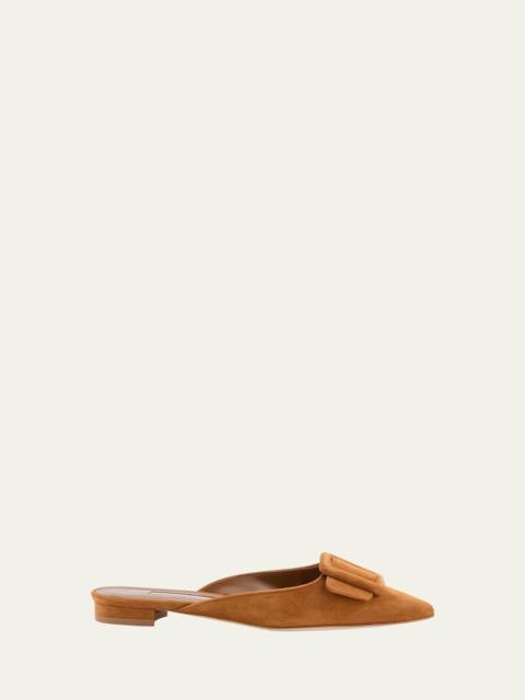 Manolo Blahnik Maysale Suede Buckle Ballerina Mules