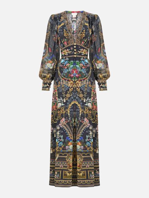 CAMILLA SHAPED WAISTBAND DRESS WITH GATHERED SLEEVES NIGHT GARDEN