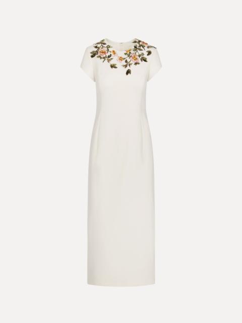 Oscar de la Renta BEADED FLORAL EMBROIDERED PENCIL DRESS