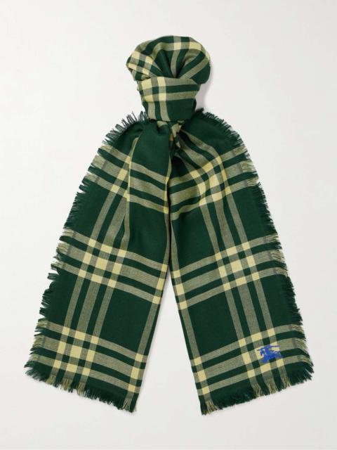 Fringed Logo-Embroidered Checked Wool-Blend Scarf