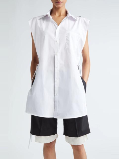 Oversize Side Slit Sleeveless Cotton Button-Up Shirt