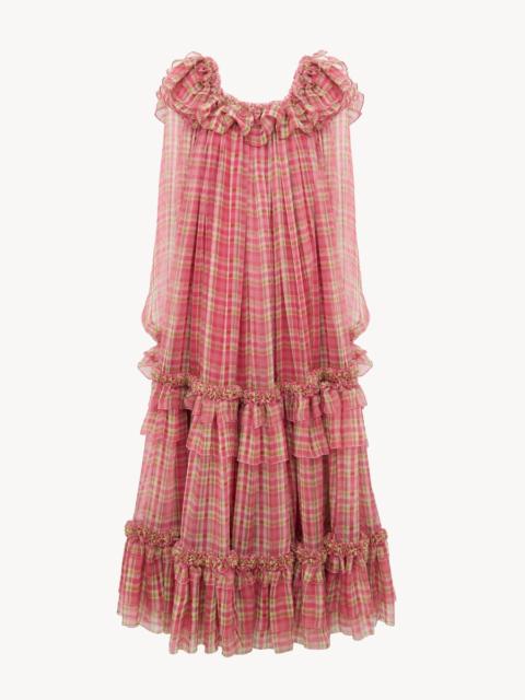 Chloé SQUARE-NECK MIDI DRESS IN CHECK SILK MOUSSELINE
