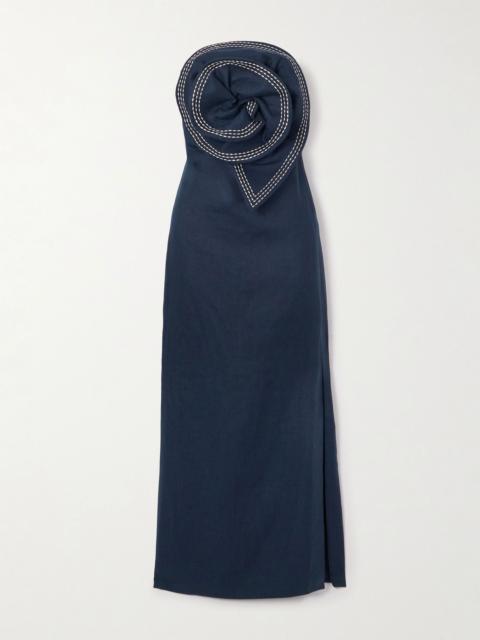 ANDRES OTALORA Tactos strapless embroidered appliquéd linen maxi dress Navy