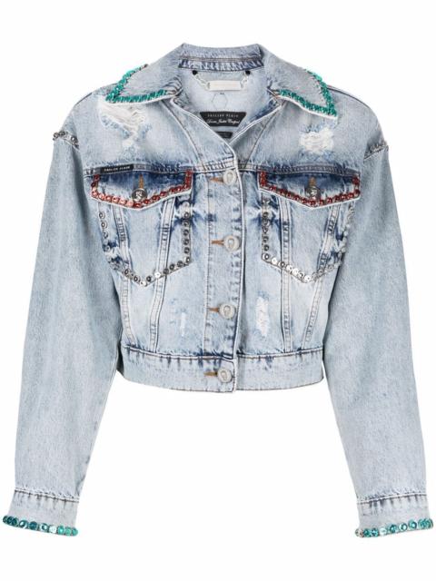 PHILIPP PLEIN crystal-embellished distressed denim jacket