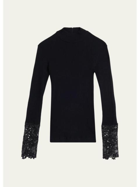 Brunello Cucinelli Lace Glow Embroidered Long-Sleeve Top