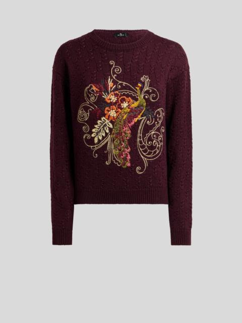 Etro CROPPED CABLE-KNIT CASHMERE-BLEND SWEATER WITH PEACOCK EMBROIDERY