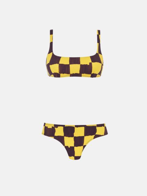EMILIA WICKSTEAD Emilia Wickstead X Palm Heights Bea Bikini in Chocolate And Yellow Checkerboard Print