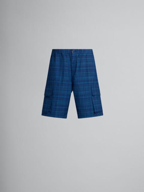 Marni BLUE STRETCH WAIST CARGO SHORTS IN CHECKED LIGHT WOOL