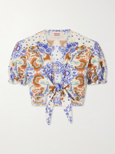 EMPORIO SIRENUSE Poppy Knotted Printed Cotton-poplin Cropped Top