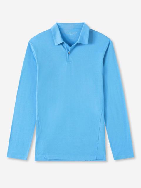 Derek Rose Men's Long Sleeve Polo Shirt Ramsay 4 Pique Cotton Tencel Blue