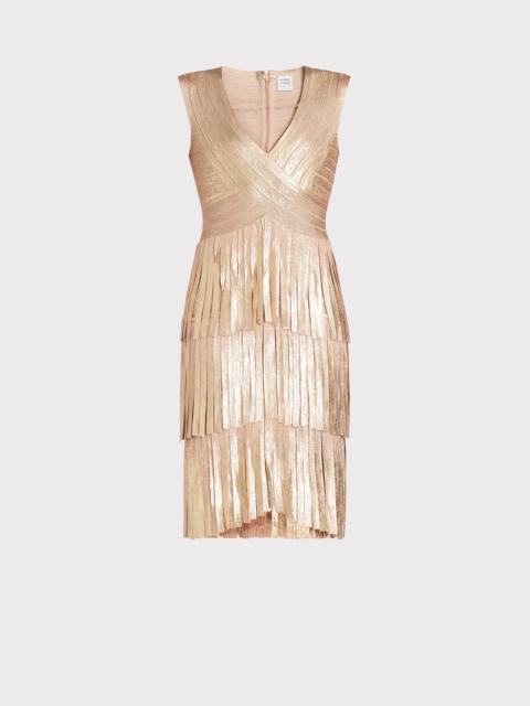 HERVE LEGER V NECK FOIL FRINGED MIDI DRESS