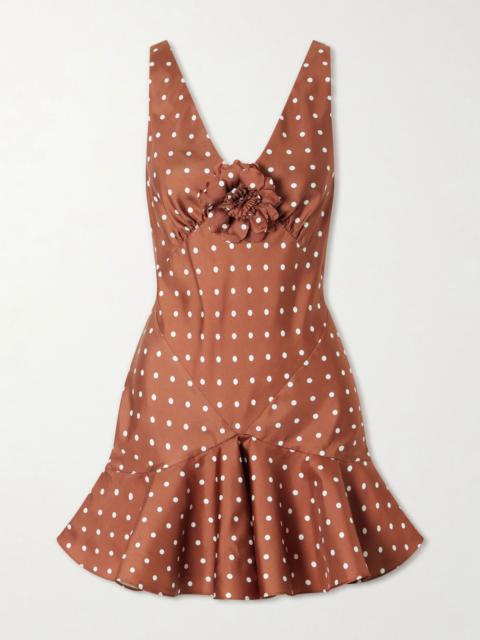 RODARTE Floral-embellished polka-dot silk-twill midi dress Brown