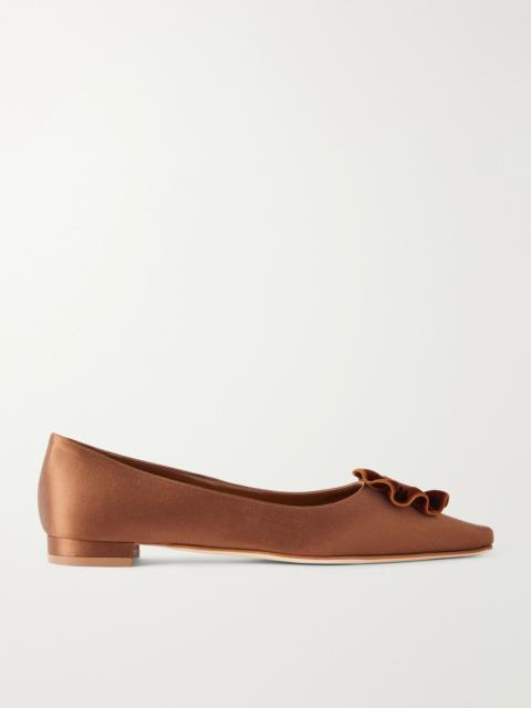 Manolo Blahnik Fortanflat 10 floral-appliquéd velvet-trimmed satin flats Tan