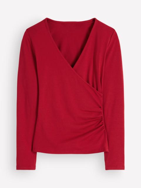 BODEN Ruched Long Sleeve Wrap Top-Crimson Red