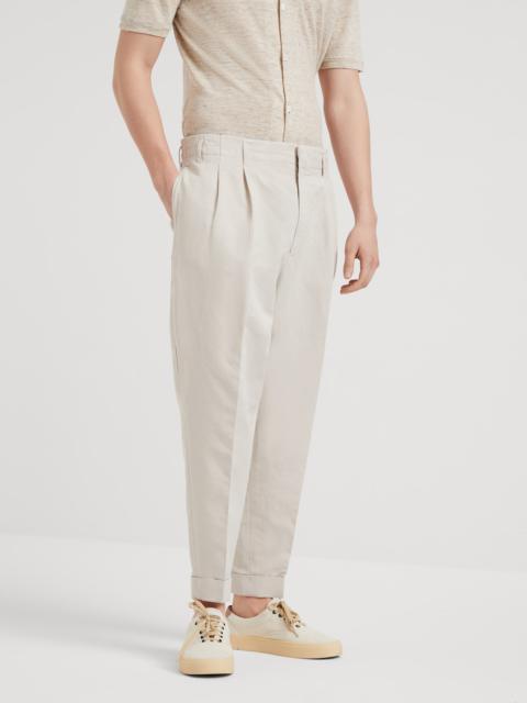 Garment-dyed twisted linen and cotton gabardine relaxed fit trousers with double pleats